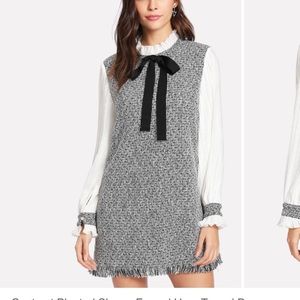 SHEIN PLEATED LONG SLEEVE FRAYED HEM TWEED DRESS